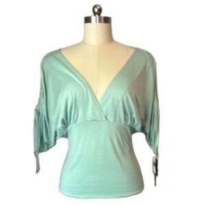 David Meister Light Green Ruched Dolman Sleeve Double V Neckline Shirt Top - NWT